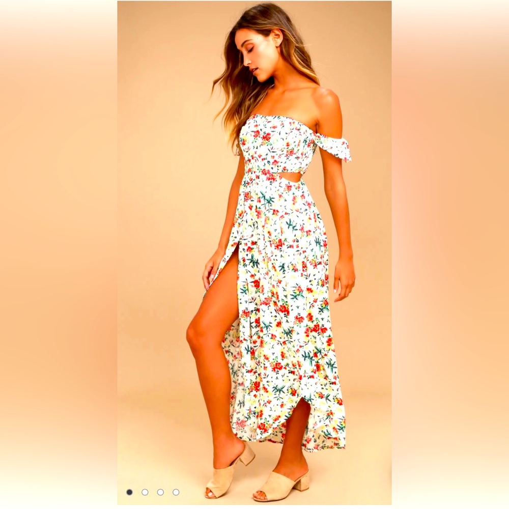 Lulus Easy on the Eyes Cream Floral Print Off-the-Shoulder Maxi Dress - Large